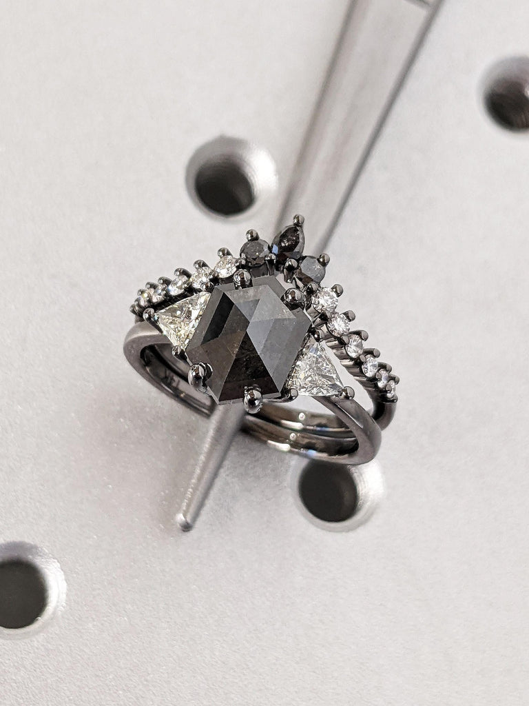 Unique Raw Diamond Hexagon Triangle Diamond Ring , 14K Black Gold Salt & Pepper Bridal Engagement Set, Geometric Black Diamond Wedding Ring