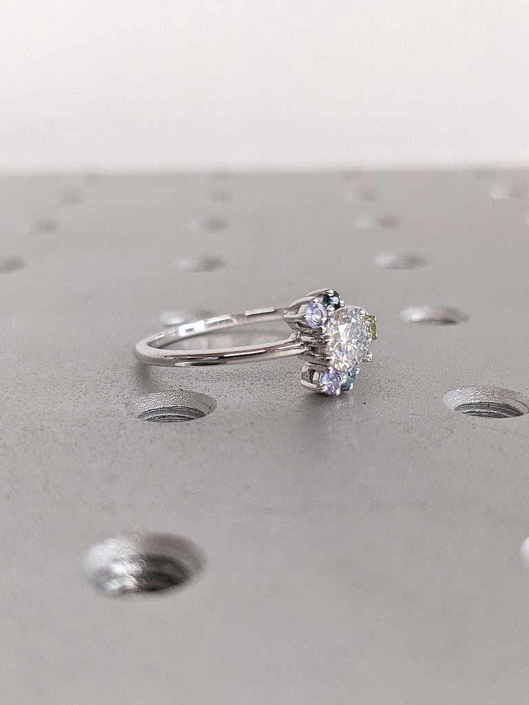 14k 18k White Gold Rings for Women | Gemstone Engagement Ring | Round cut VVS Moissanite Unique Halo Ring | Whimsical Art Deco Wedding Ring