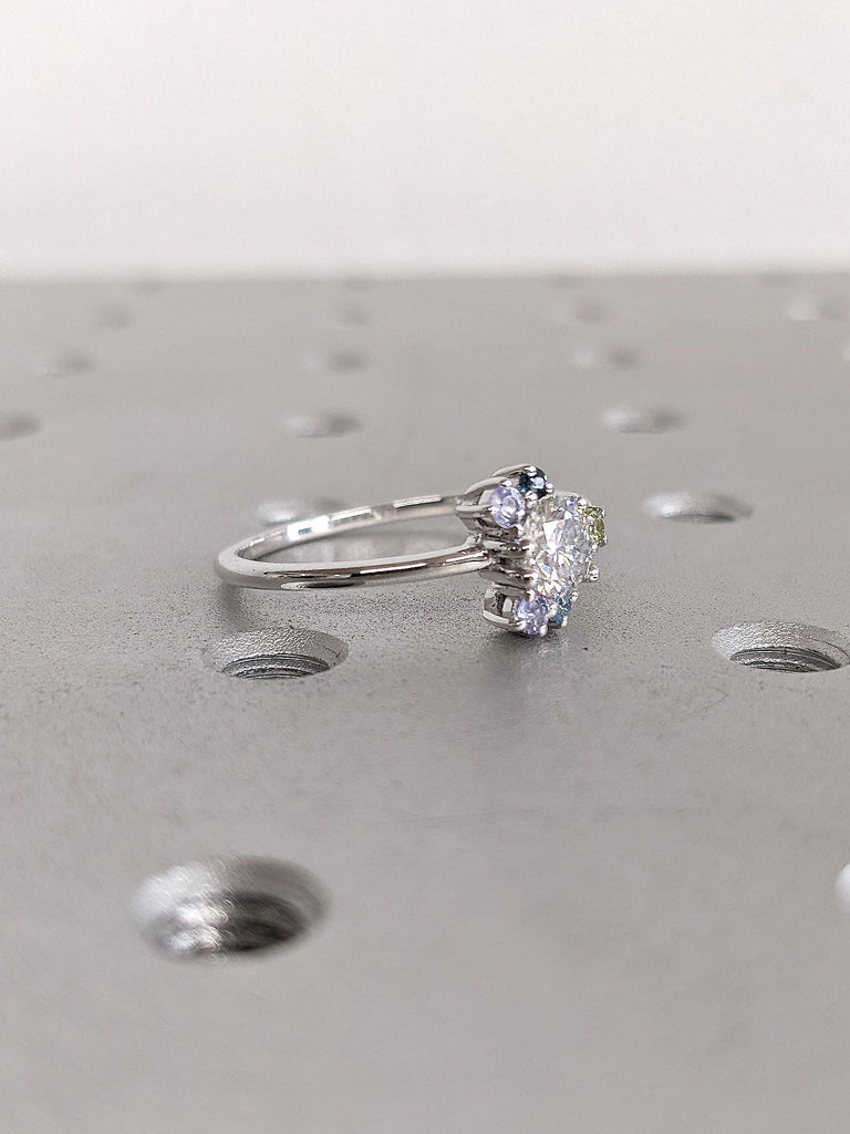 Unique Moissanite Engagement Ring | 14K White Gold Ring | Halo Wedding Ring for Women | Moissanite Bridal Ring | Asymmetrical Gemstone Ring