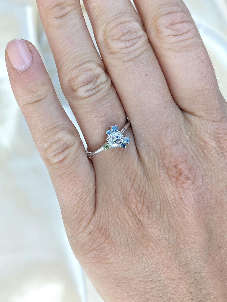 14k White Gold Rings for Women | Gemstone Engagement Ring | Round Moissanite Unique Halo Ring