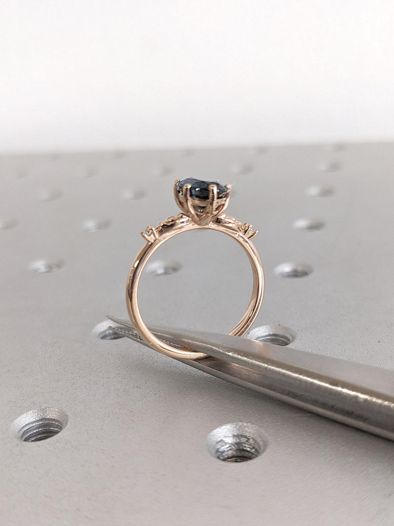 Oval cut Blue Green Sapphire and Diamond Engagement Ring | Nature Inspired Engagement Ring | 14k 18k Solid Gold Sapphire Ring Gift for Wife