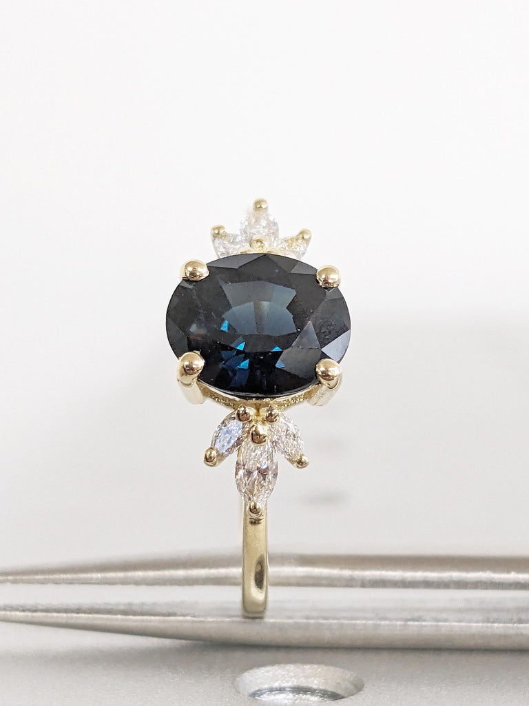 2ct Teal Sapphire Ring, Nature Inspired Engagement Ring, 14k Gold Marquise Diamond Cluster Ring, Oval Sapphire Anniversary Ring, Floral Ring