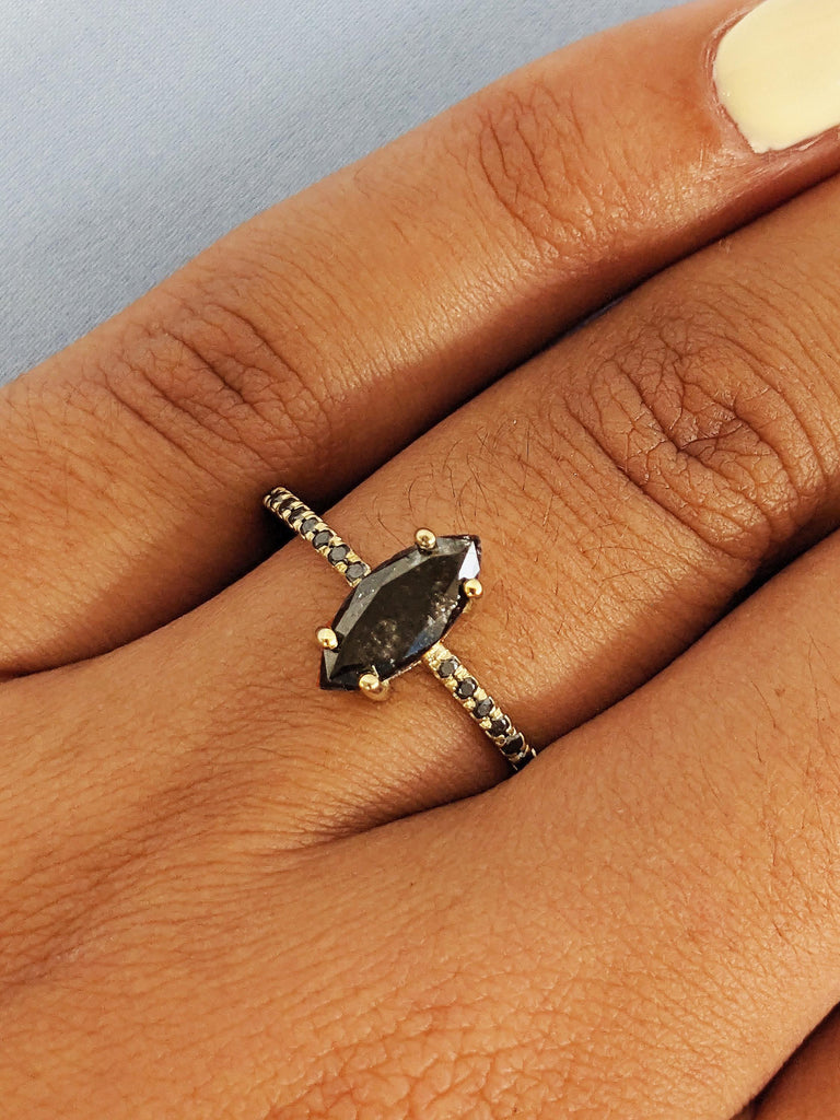 Marquise Cut Salt And Pepper Diamond Engagement Ring, Bold 14K Raw Diamond Wedding Ring, Goth Bridal Ring, Galaxy Salt & Pepper Promise Ring