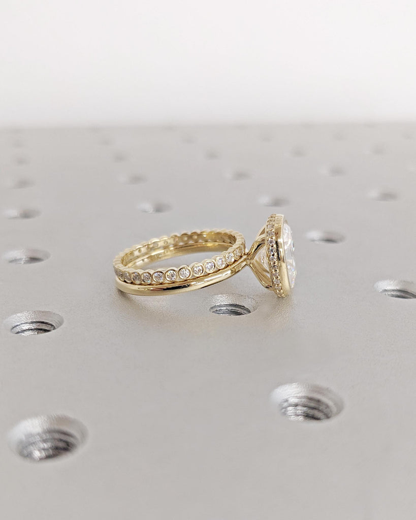 Excellent Cushion Cut Moissanite Ring, Bezel Setting Solitaire Ring, 14K Yellow Gold Wedding Bezel Ring, Hidden Halo Engagement Ring For Her