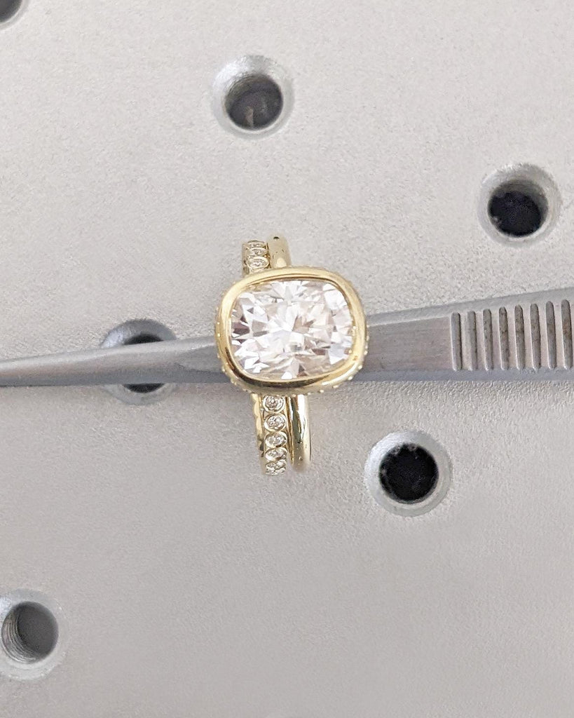 Cushion Cut Lab Diamond Solitaire Engagement Ring Set, 14K Yellow Gold Diamond Hidden Halo Proposal Ring, Custom Half Eternity Wedding Band