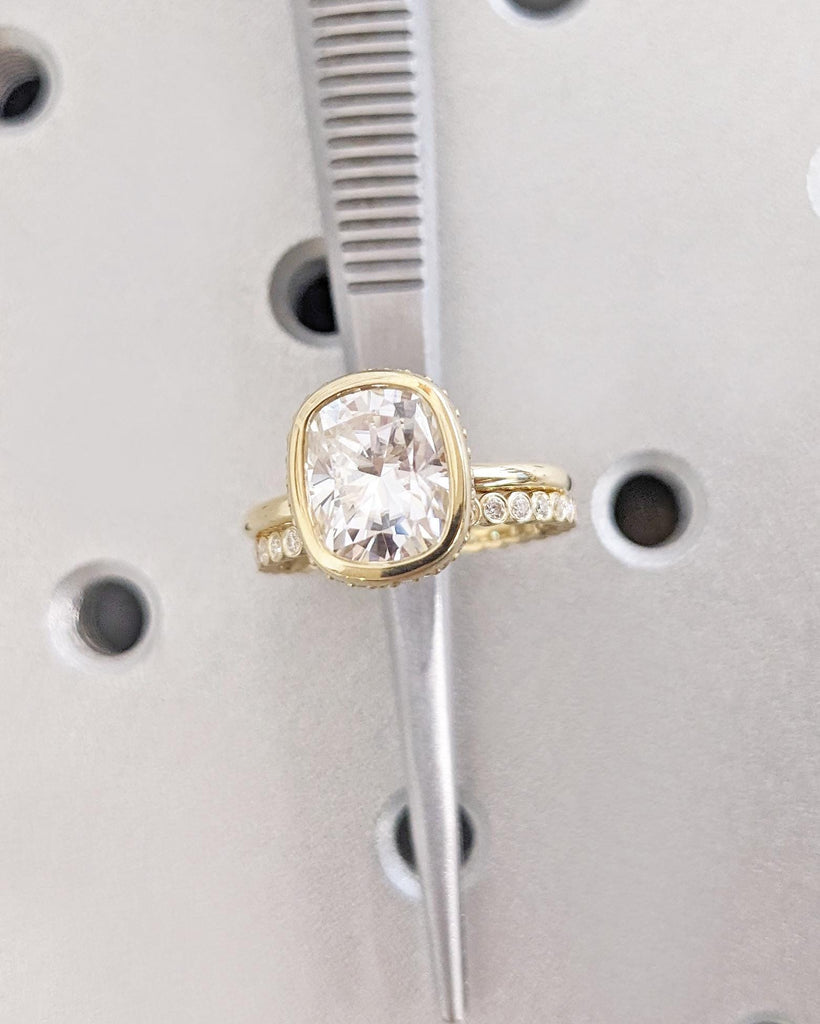Cushion Cut Lab Diamond Solitaire Engagement Ring Set, 14K Yellow Gold Diamond Hidden Halo Proposal Ring, Custom Half Eternity Wedding Band