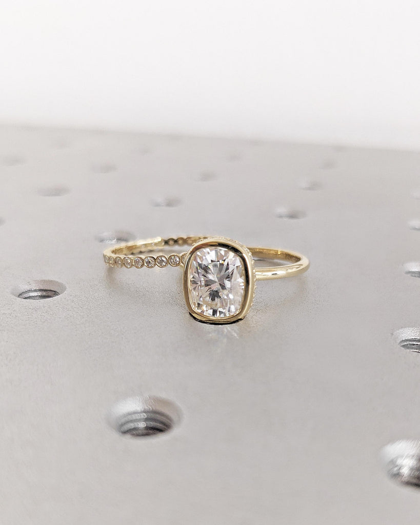 Cushion Cut Lab Diamond Solitaire Engagement Ring Set, 14K Yellow Gold Diamond Hidden Halo Proposal Ring, Custom Half Eternity Wedding Band