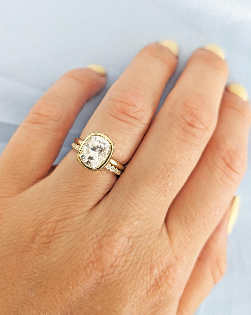 Cushion Cut Lab Diamond Solitaire Engagement Ring Set, 14K Yellow Gold Diamond Hidden Halo Proposal Ring, Custom Half Eternity Wedding Band