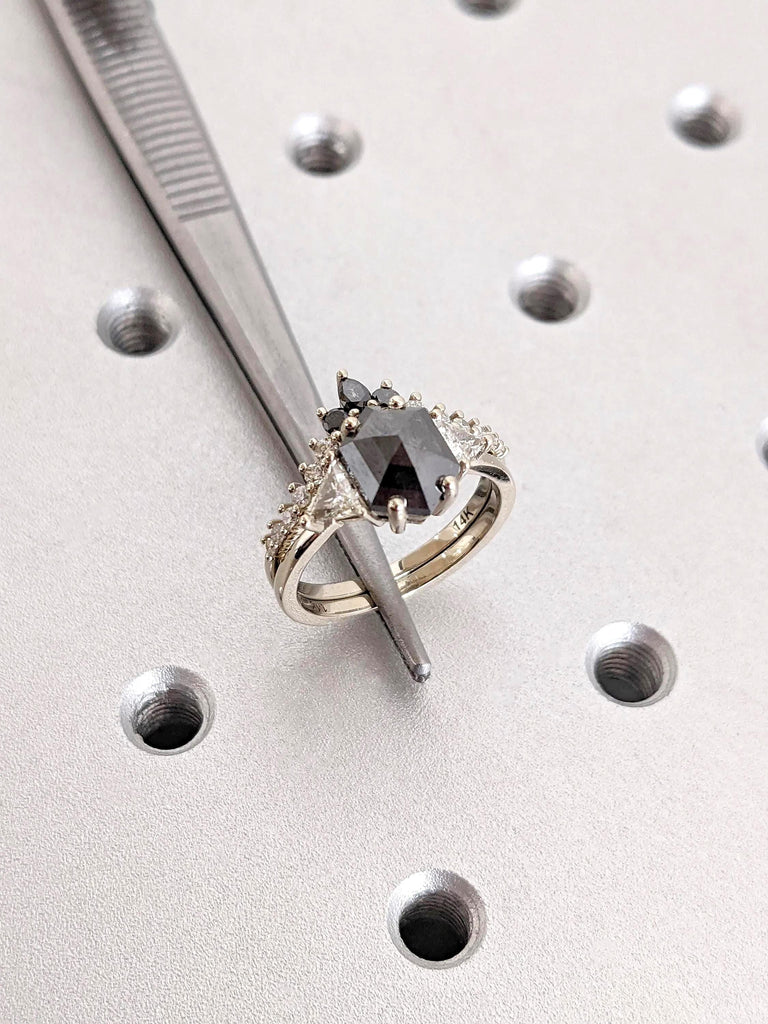 14K Solid White Gold Raw Salt and Pepper Geometric Diamond Bridal Ring Set, Hexagon Black Diamond Engagement Ring, Anniversary Gift for Her