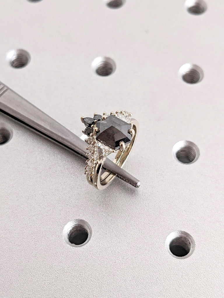 14K Solid White Gold Raw Salt and Pepper Geometric Diamond Bridal Ring Set, Hexagon Black Diamond Engagement Ring, Anniversary Gift for Her
