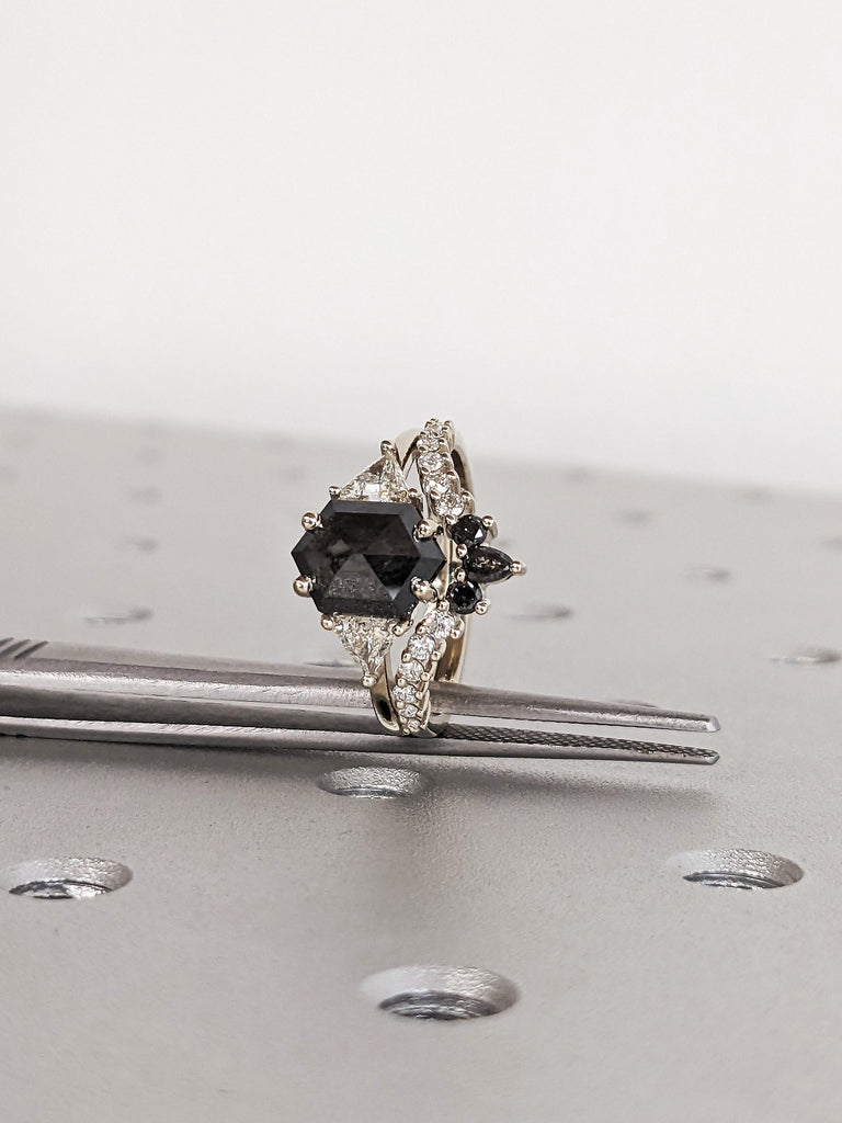 14K Solid White Gold Raw Salt and Pepper Geometric Diamond Bridal Ring Set, Hexagon Black Diamond Engagement Ring, Anniversary Gift for Her