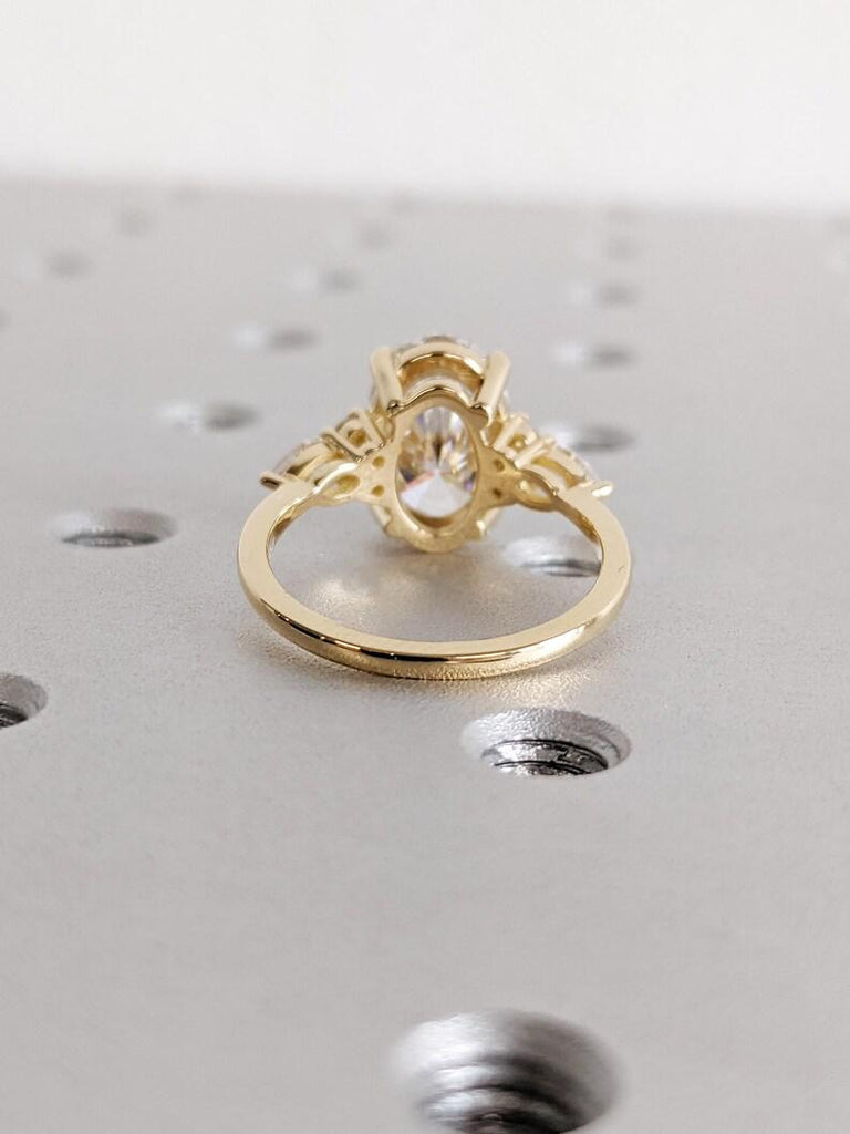 Vintage 18K Yellow Gold Oval Moissanite Engagement Ring with Pear Shaped Diamond Cluster, Luxury Custom Bridal Stacking Ring, Promise Ring