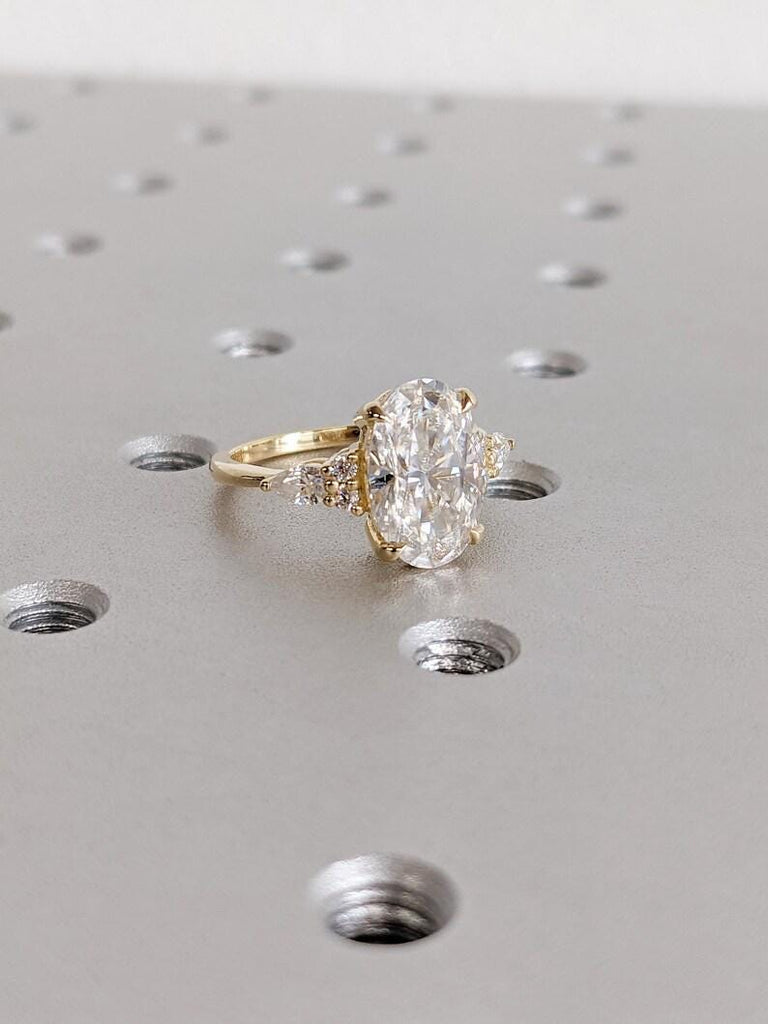 Vintage 18K Yellow Gold Oval Moissanite Engagement Ring with Pear Shaped Diamond Cluster, Luxury Custom Bridal Stacking Ring, Promise Ring