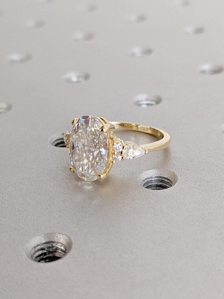 Vintage 18K Yellow Gold Oval Moissanite Engagement Ring with Pear Shaped Diamond Cluster, Luxury Custom Bridal Stacking Ring, Promise Ring