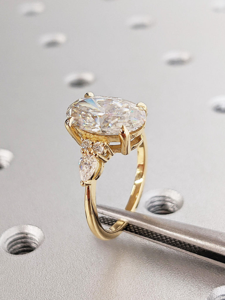 Vintage 18K Yellow Gold Oval Moissanite Engagement Ring with Pear Shaped Diamond Cluster, Luxury Custom Bridal Stacking Ring, Promise Ring