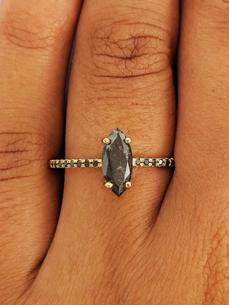Marquise Cut Salt And Pepper Diamond Engagement Ring, Bold 14K Raw Diamond Wedding Ring, Goth Bridal Ring, Galaxy Salt & Pepper Promise Ring