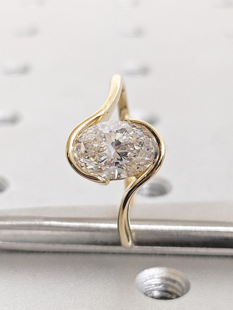 Lab Grown Diamond Engagement Ring, 18k Yellow Gold Bezel Set Ring, Bypass Engagement Rings, Oval Solitaire Ring, Anniversary Gift for Mom