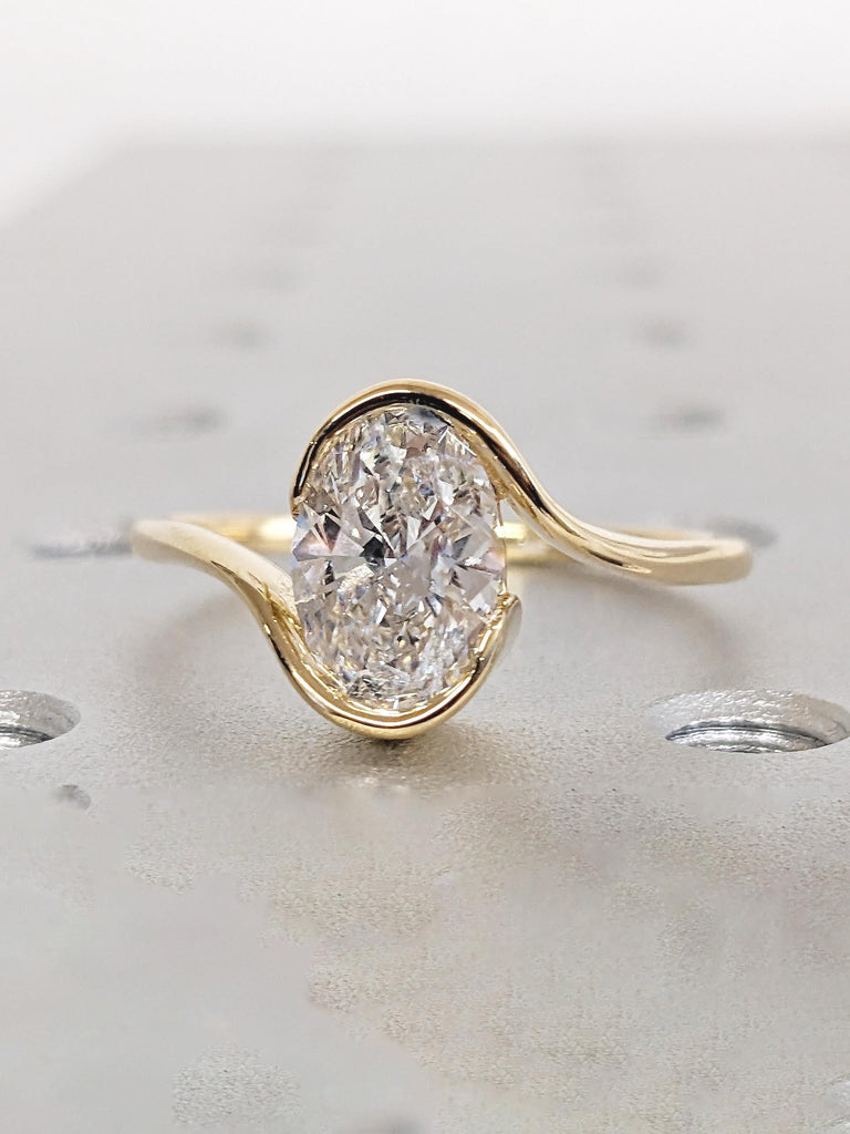 Oval Moissanite Engagement Ring, Dainty 18k Yellow Gold Bypass Ring, Bezel Set Moissanite Ring, Moissanite Jewelry, Birthday Gift for Her