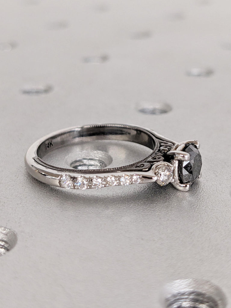 Unique Round Salt & Pepper Diamond Ring, Two Tone White, Back Gold Engagement Ring, Dramatic Wedding Ring, Vintage Raw Diamond Ring For Her