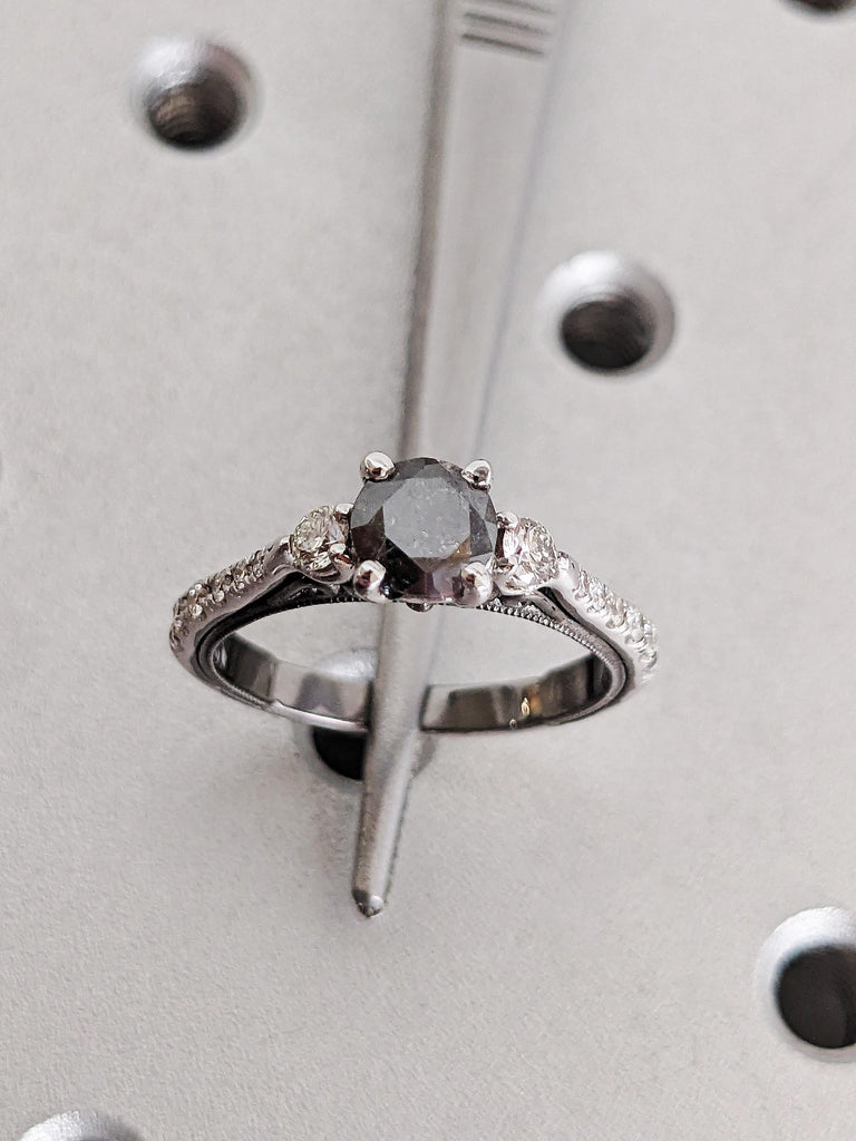 Unique Round Salt & Pepper Diamond Ring, Two Tone White, Back Gold Engagement Ring, Dramatic Wedding Ring, Vintage Raw Diamond Ring For Her
