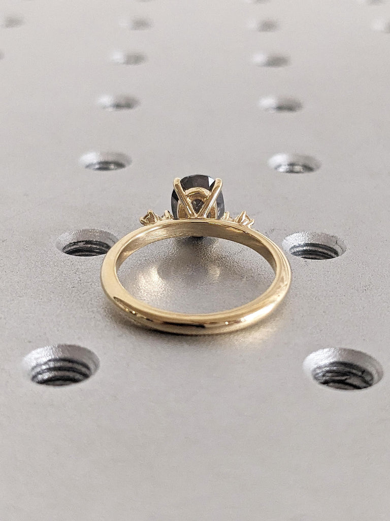 Snowdrift Diamond Cluster Ring | Solid Yellow Gold, Natural Gray Diamond Ring | Oval Cut Engagement Rings for Women | Salt and Pepper Ring
