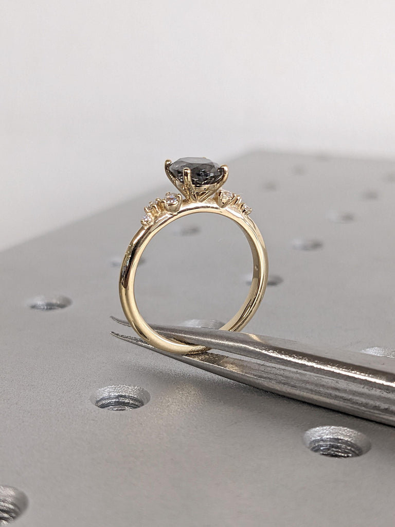 Natural Grey Diamond Ring | Oval Engagement Ring | Simple Salt and Pepper Ring | 18k Yellow Gold Snowdrift Lab Grown Diamond Ring