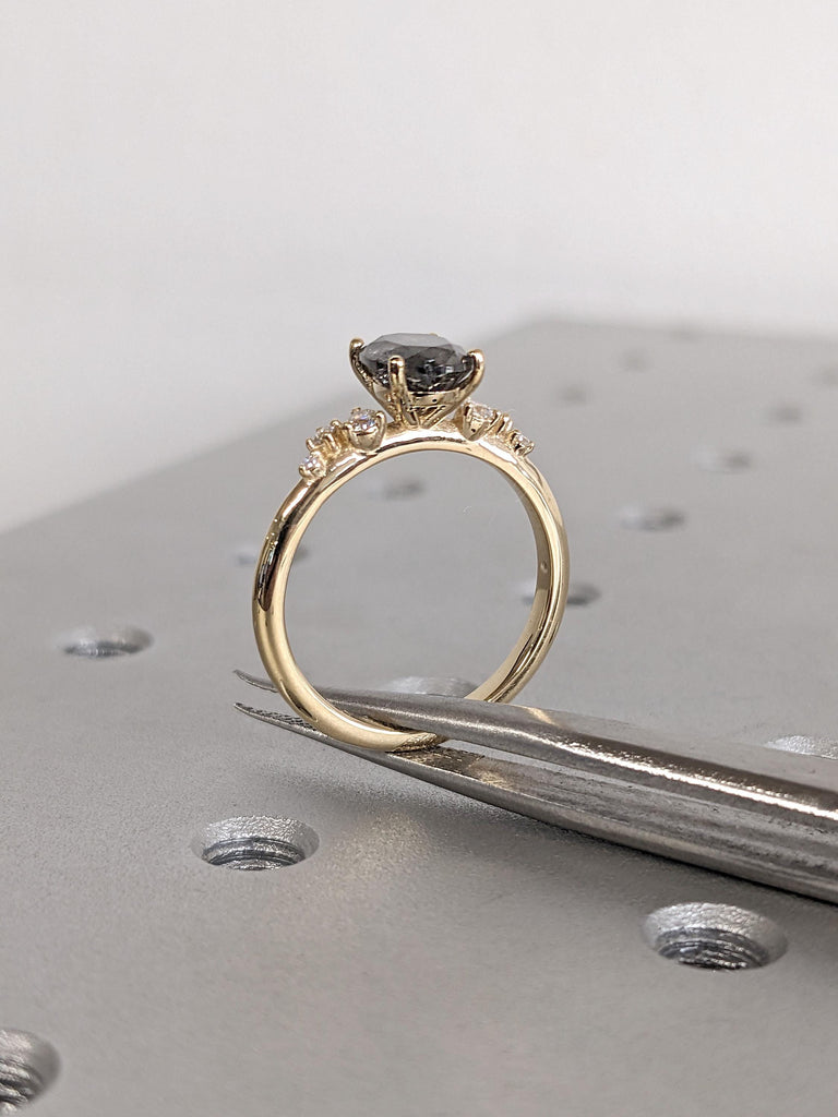 Natural Grey Diamond Ring | Oval Engagement Ring | Simple Salt and Pepper Ring | 18k Yellow Gold Snowdrift Lab Grown Diamond Ring