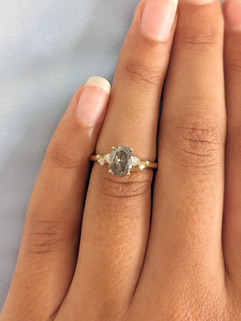 1.25ct Oval cut Salt and Pepper Gray Diamond Engagement Rings for Women | 14k 18k Gold | Snowdrift Ring Diamond Cluster Ring