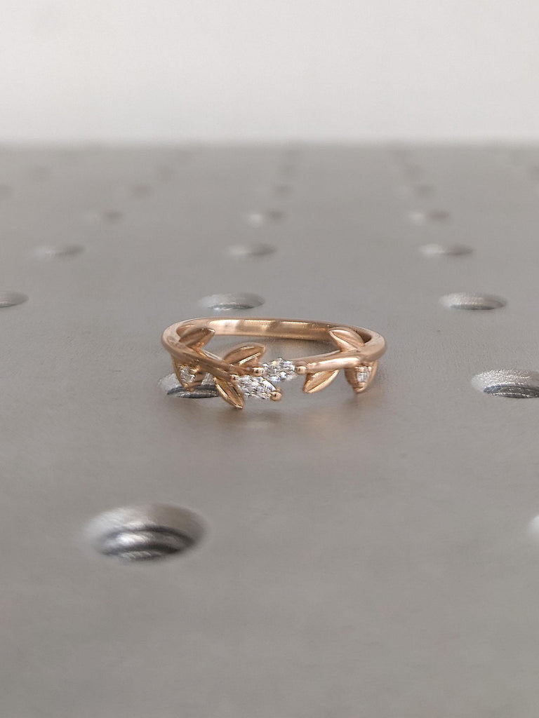 Delicate Leaf Ring | 18k Rose Gold Wedding Ring for Her | Tiny Diamond Ring | Marquise cut Simple Promise Ring | Stacking Ring Matching Ring