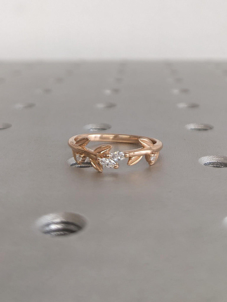 Nature Inspired 18k Rose Gold Rings for Women | Dainty Natural Diamond Stacking Ring | Handmade Jewelry | Rustic Engagement | Organic Ring