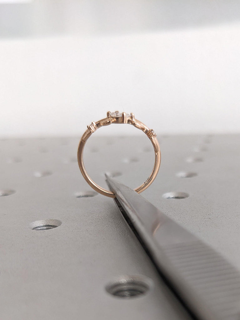 Delicate Leaf Ring | 18k Rose Gold Wedding Ring for Her | Tiny Diamond Ring | Marquise cut Simple Promise Ring | Stacking Ring Matching Ring