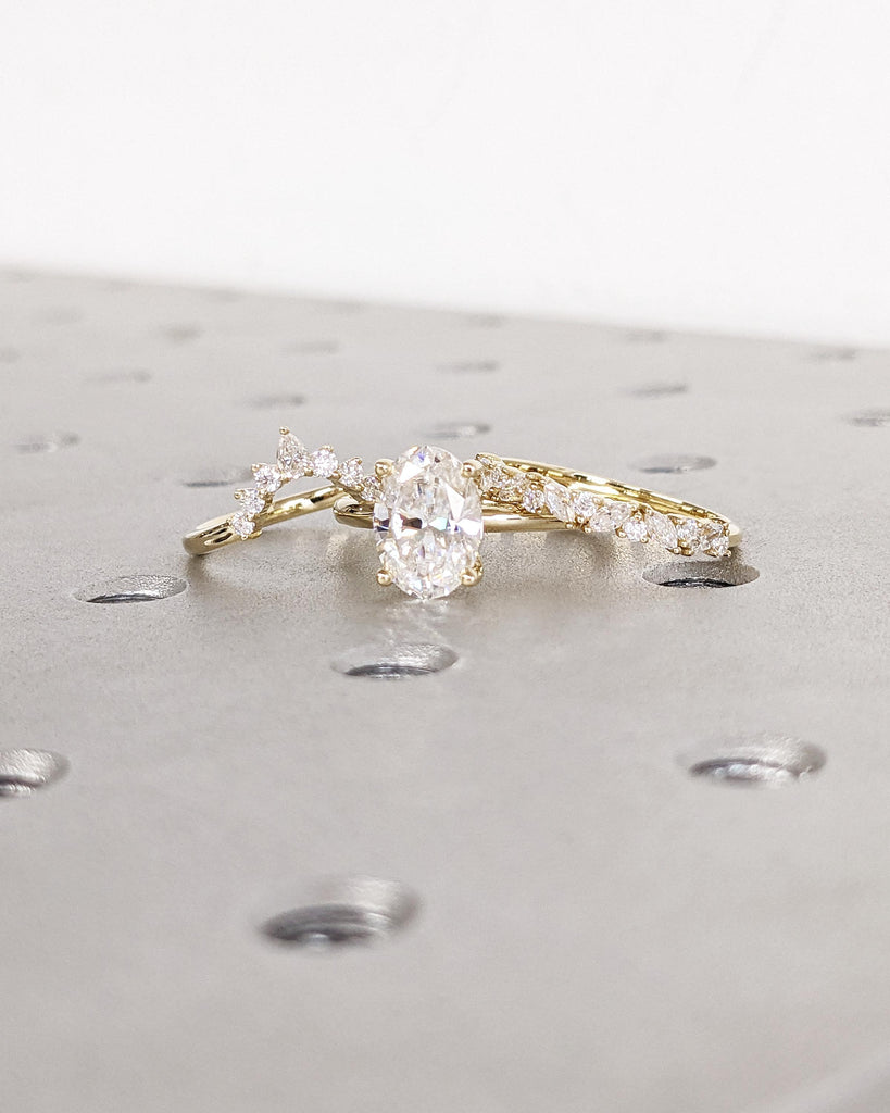 Oval Cut Lab Grown Diamond 3 Ring Engagement Set, 14K Solid Gold Tiara Band Curved Wedding Band, Lab Diamond Cluster Ring, Dainty Bridal Set