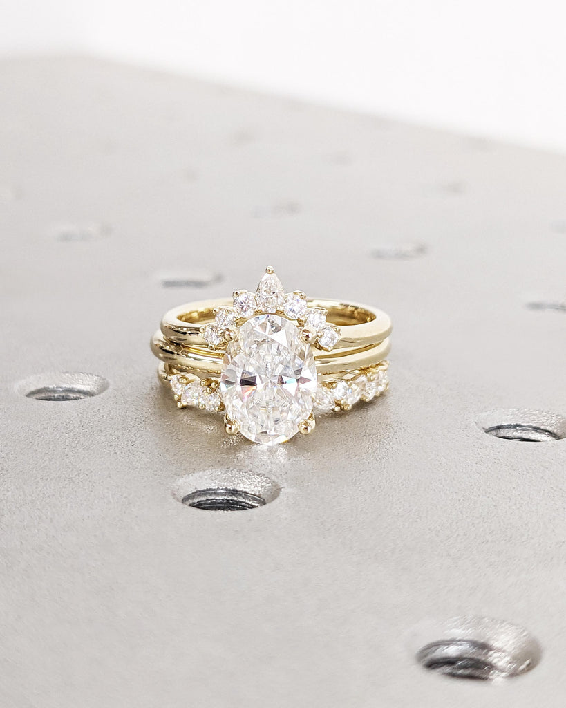 Oval Cut Lab Grown Diamond 3 Ring Engagement Set, 14K Solid Gold Tiara Band Curved Wedding Band, Lab Diamond Cluster Ring, Dainty Bridal Set
