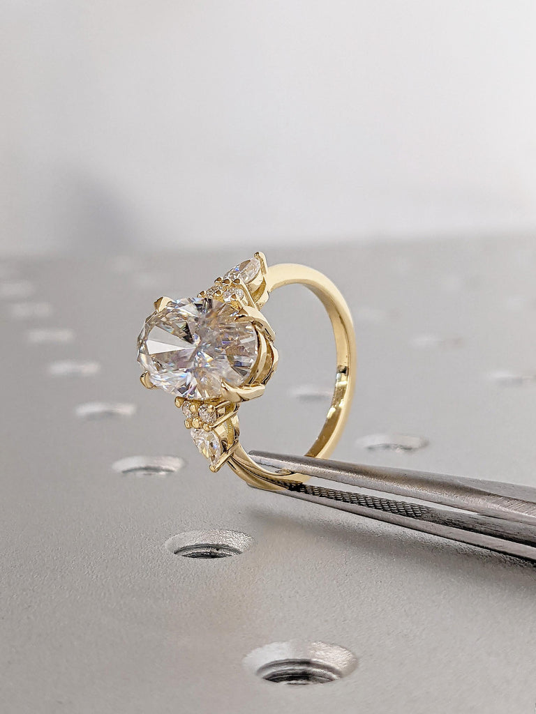 Vintage 18K Yellow Gold Oval Moissanite Engagement Ring with Pear Shaped Diamond Cluster, Luxury Custom Bridal Stacking Ring, Promise Ring