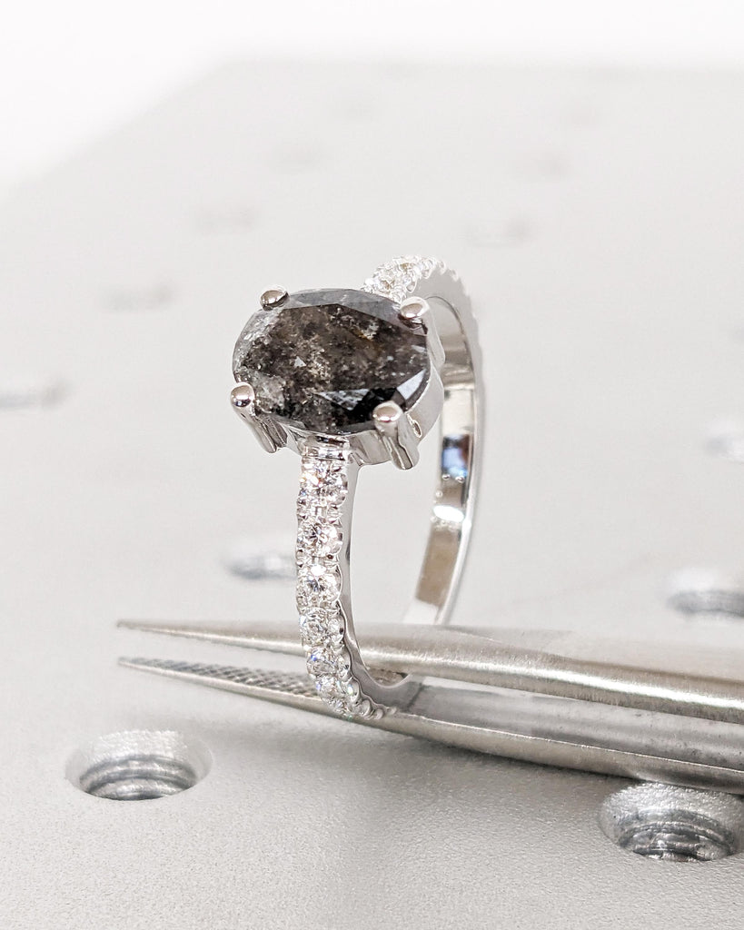 Oval cut Salt and Pepper Diamond Engagement Ring, Galaxy Salt and Pepper Diamond, Moissanite or Diamond Accents, Unique Promise Ring for Her, White Gold Ring