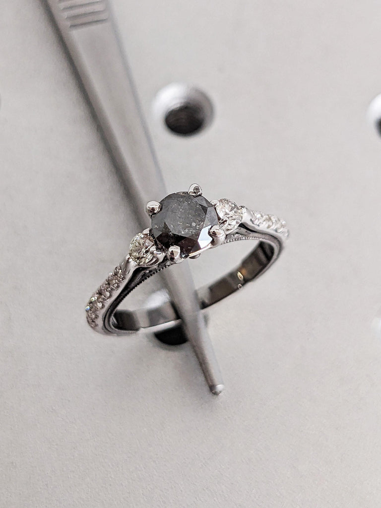 Unique Round Salt & Pepper Diamond Ring, Two Tone White, Back Gold Engagement Ring, Dramatic Wedding Ring, Vintage Raw Diamond Ring For Her