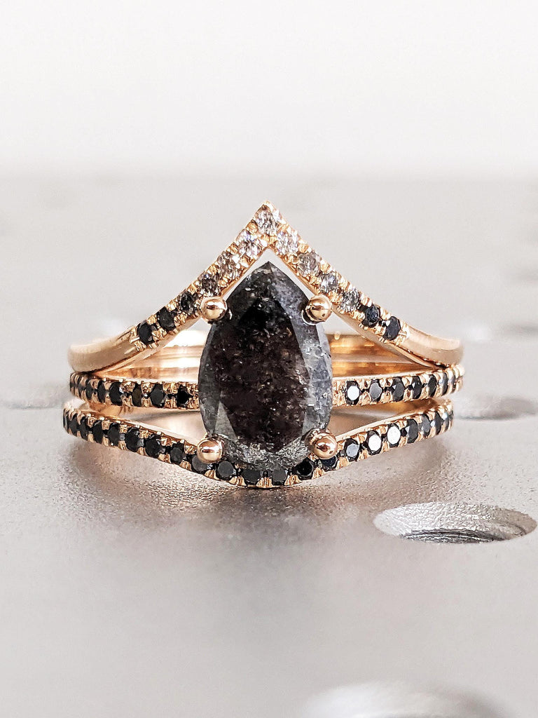 Vintage Pear Cut Salt & Pepper Diamond Bridal Set Wedding Ring, 14K Rose Gold Pave Diamond Band, Brilliant Round Ombre Diamond Stacking Ring