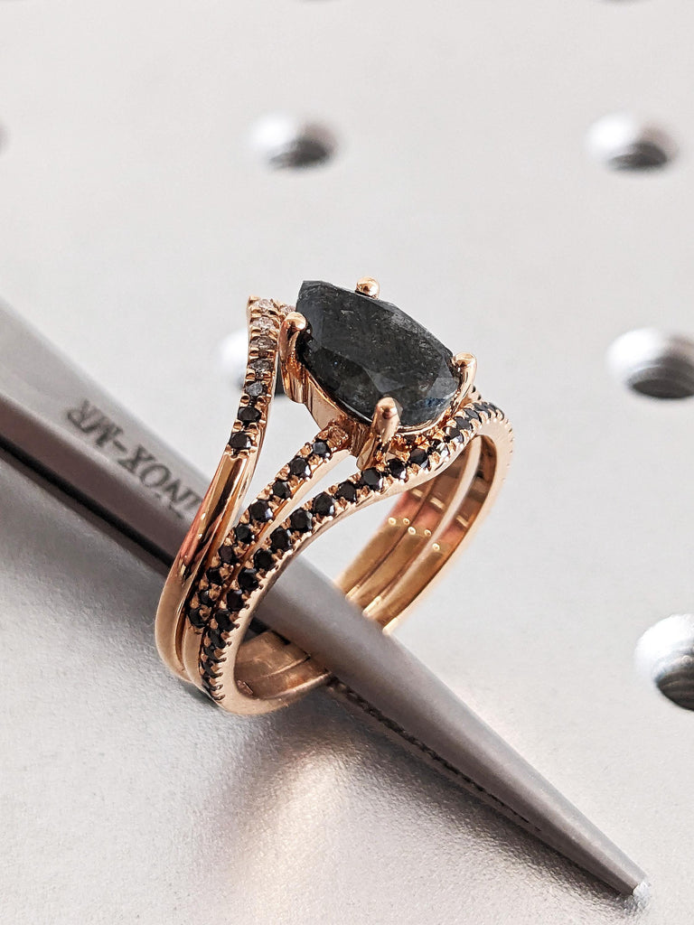 Vintage Pear Cut Salt & Pepper Diamond Bridal Set Wedding Ring, 14K Rose Gold Pave Diamond Band, Brilliant Round Ombre Diamond Stacking Ring
