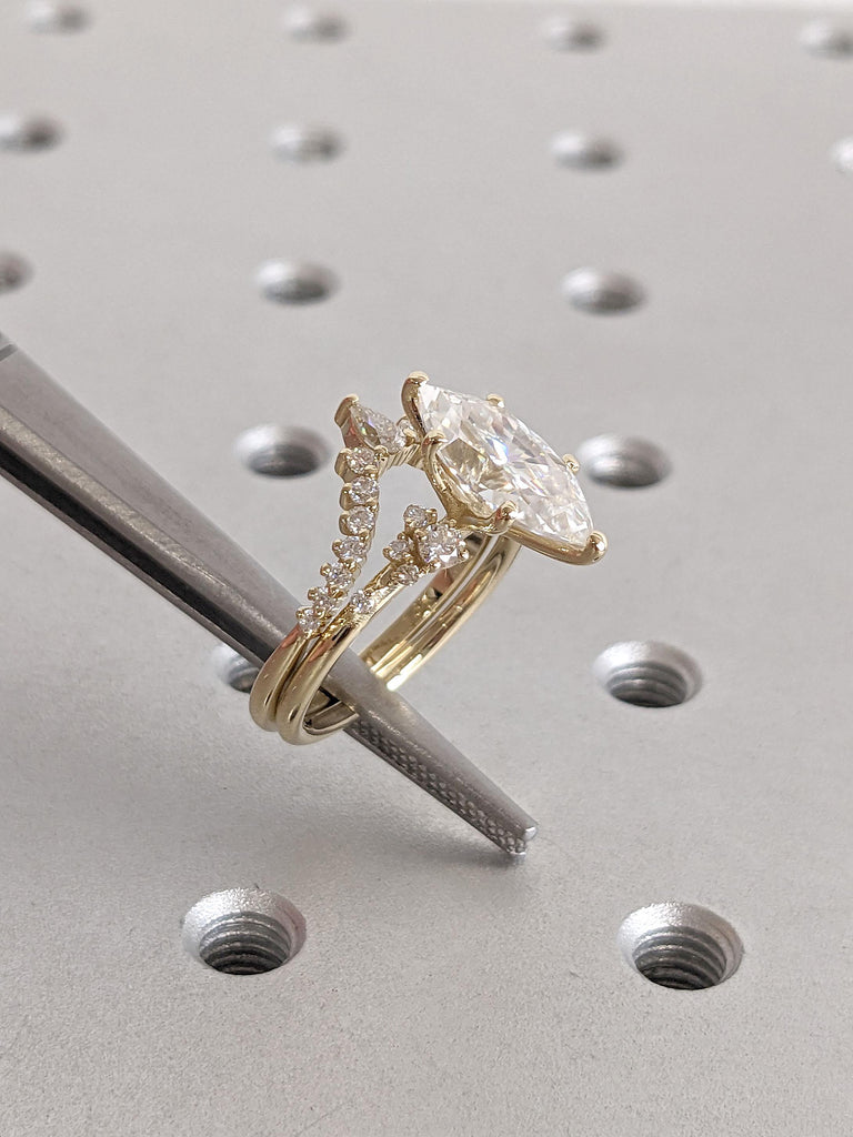 14k Yellow Gold CVD Diamond Marquise Engagement Ring | Chevron Stacking Ring | Wedding Anniversary Ring | Fine Handmade Gold Bridal Jewelry image #6