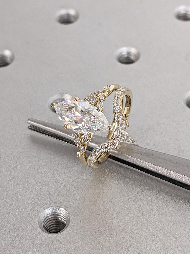 Art Deco Marquise cut Engagement Ring Set | 14k Yellow Gold Diamond Cluster Promise Ring | Curve Wedding Ring for Women | Snowdrift Ring
