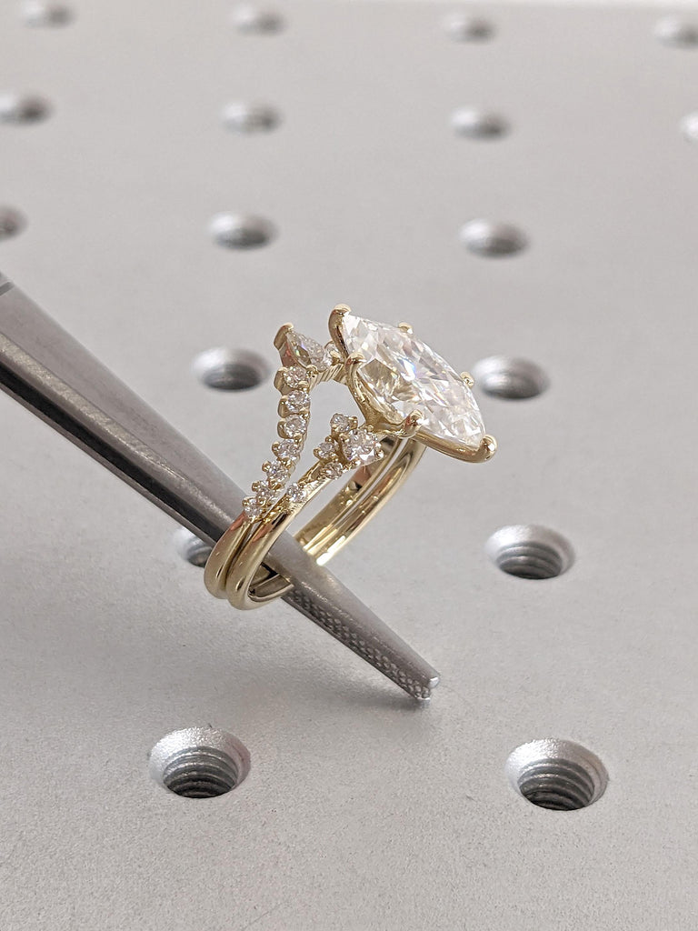 Moissanite Cluster Delicate Engagement Ring | Matching Ring Curved Wedding Band | Handmade Fine Woman Bridal Jewelry | Marquise Gold Ring