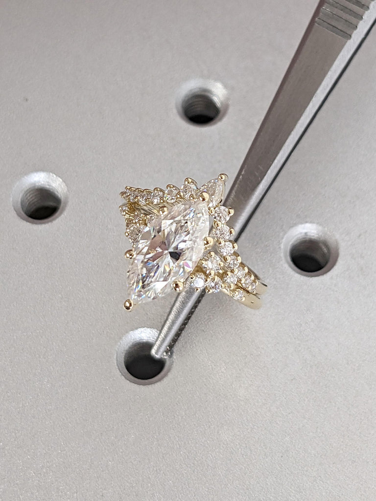 Unique Marquise cut 2CT Moissanite Snowdrift Engagement Ring Set | Vintage Solid Yellow Gold Rings for Women | Wedding Ring Bridal Set | Promise Ring Anniversary Ring