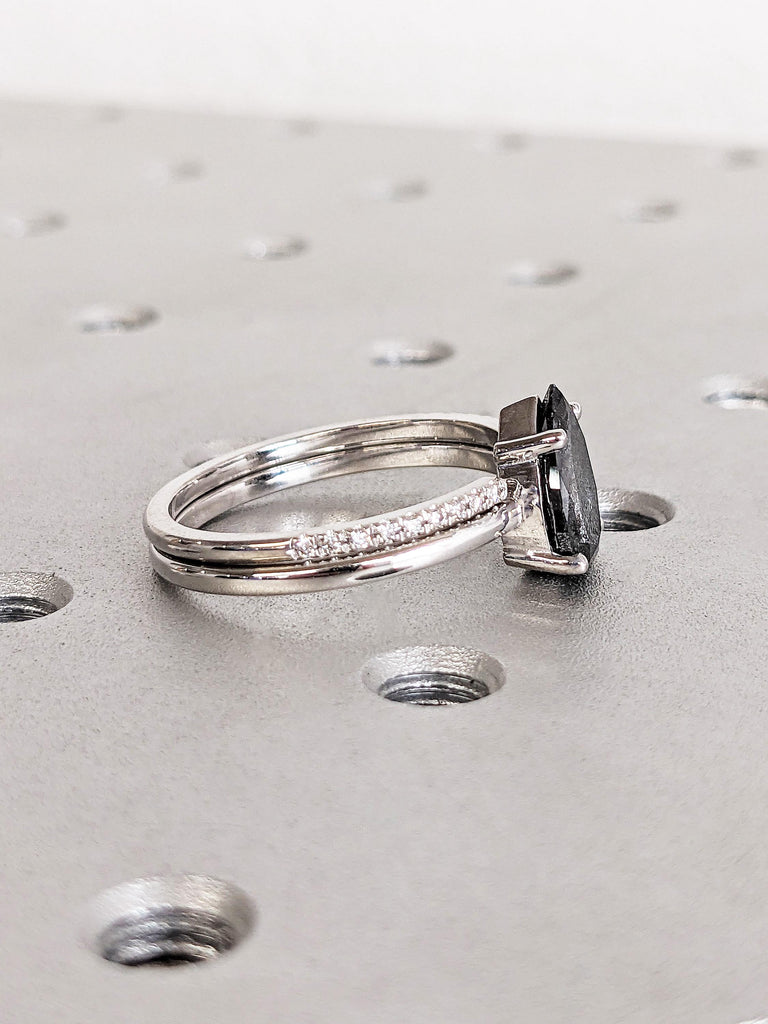 14K Solid White Gold Pear Salt and Pepper Diamond Engagement Ring, Raw Salt & Pepper Bridal Set, Unique Galaxy Diamond Ring, Stacking Rings