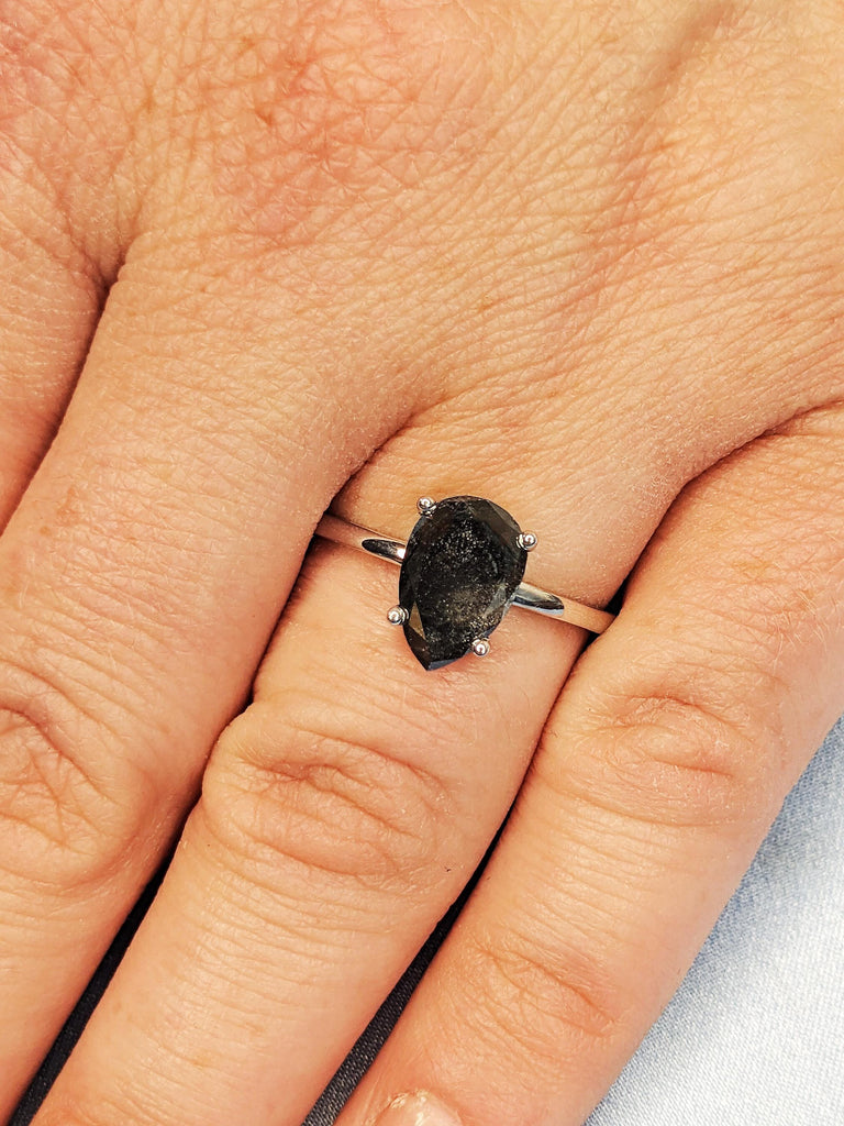 14K Solid White Gold Pear Salt and Pepper Diamond Engagement Ring, Raw Salt & Pepper Bridal Set, Unique Galaxy Diamond Ring, Stacking Rings