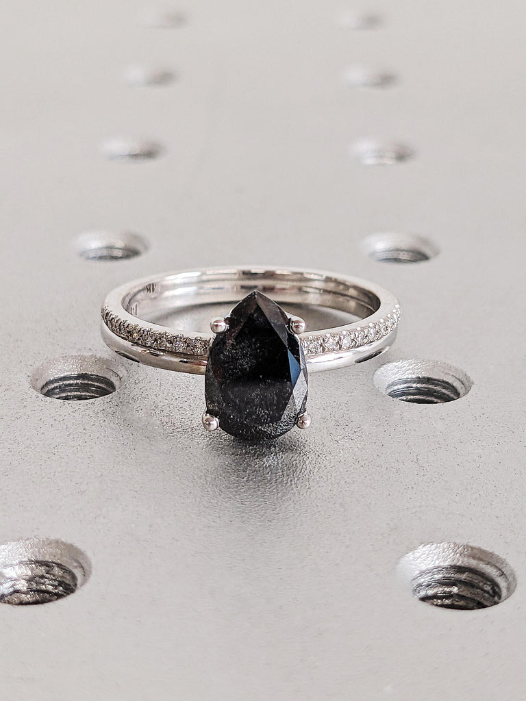 14K Solid White Gold Pear Salt and Pepper Diamond Engagement Ring, Raw Salt & Pepper Bridal Set, Unique Galaxy Diamond Ring, Stacking Rings
