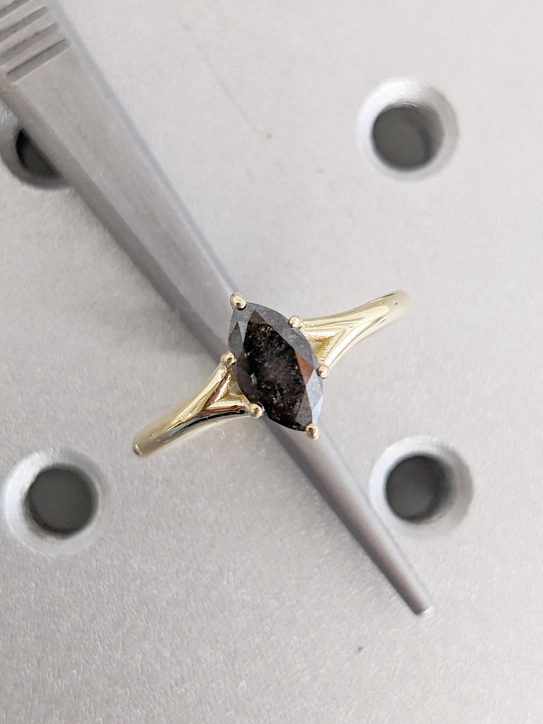 Vintage Salt and Pepper Diamond Ring, Marquise Engagement Ring, 14k Solid Gold Solitaire Ring, Split Shank Promise Ring, Unique Gift for Her