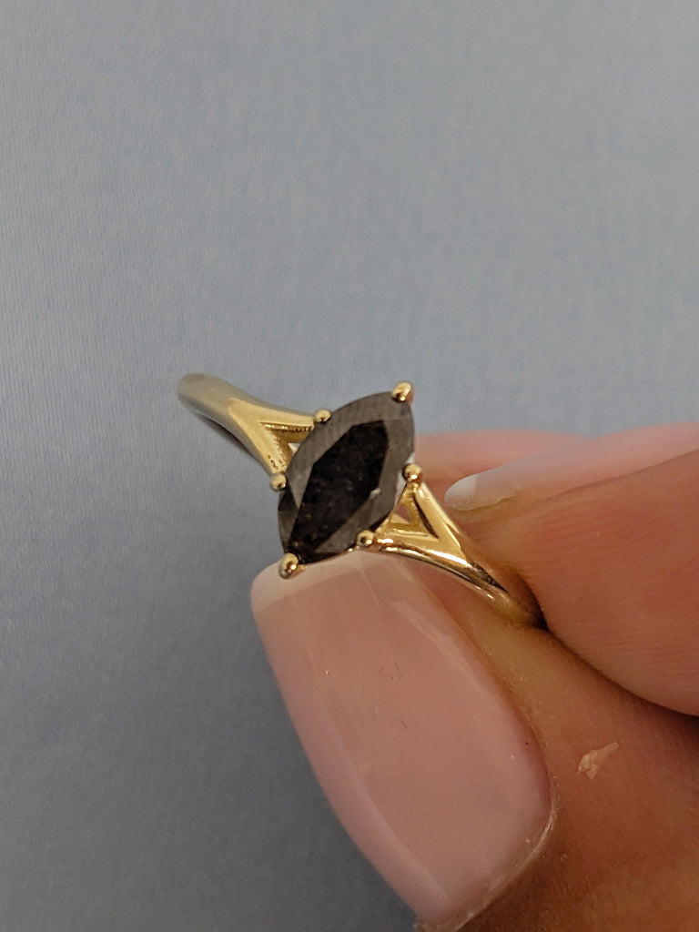 Vintage Salt and Pepper Diamond Ring, Marquise Engagement Ring, 14k Solid Gold Solitaire Ring, Split Shank Promise Ring, Unique Gift for Her