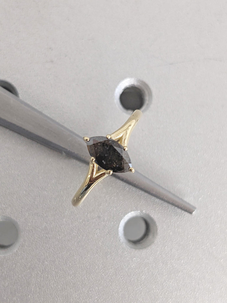 Vintage Salt and Pepper Diamond Ring, Marquise Engagement Ring
