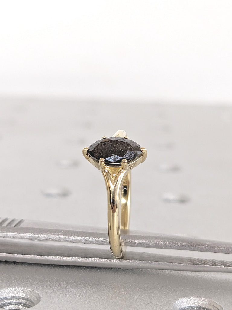 Vintage Salt and Pepper Diamond Ring, Marquise Engagement Ring, 14k Solid Gold Solitaire Ring, Split Shank Promise Ring, Unique Gift for Her