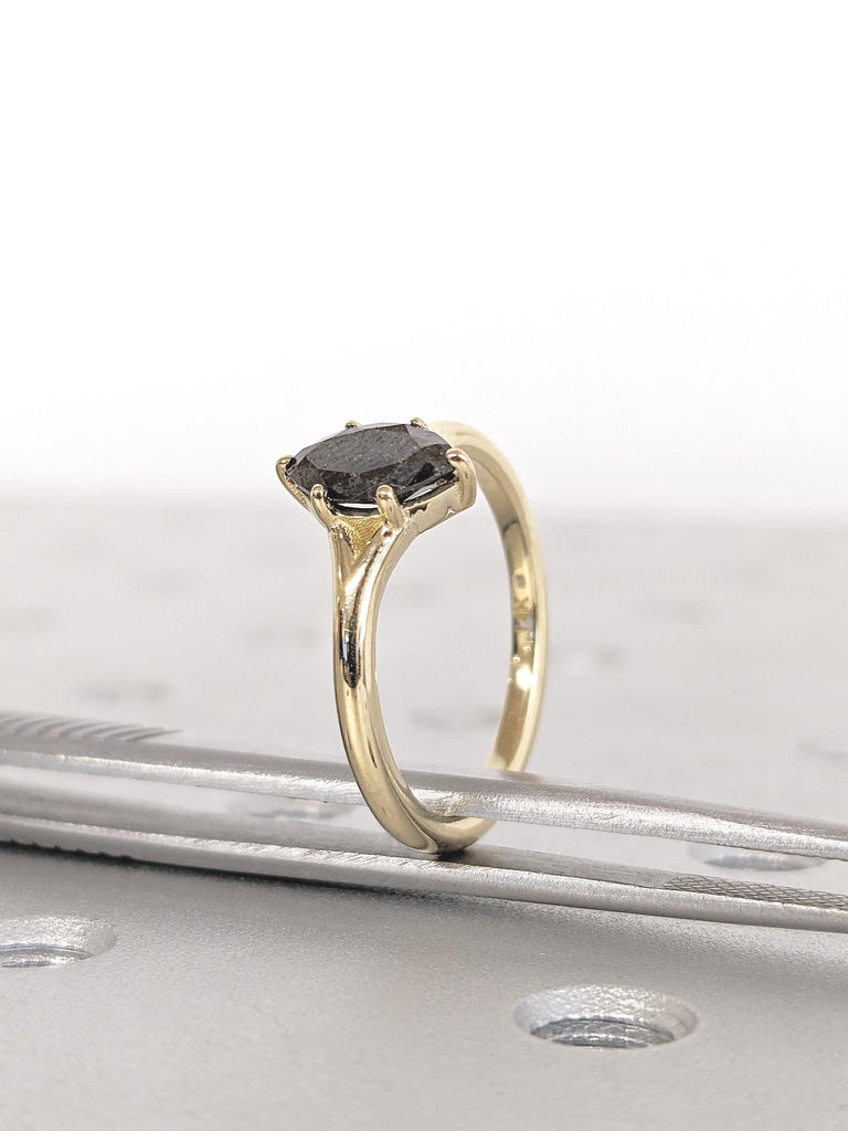 Vintage Salt and Pepper Diamond Ring, Marquise Engagement Ring, 14k Solid Gold Solitaire Ring, Split Shank Promise Ring, Unique Gift for Her